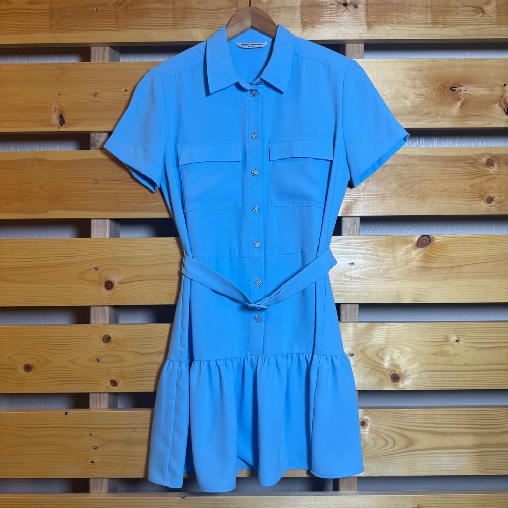 Amanda Uprichard Shirt Dress Womens S Blue Crystal Button Belted Mini